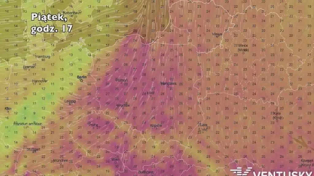 Temperatura w ciągu najbliższych pięciu dniu (Ventusky