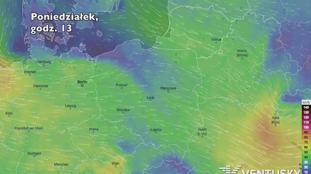 Prognozowane porywy wiatru w najbliższych godzinach (Ventusky