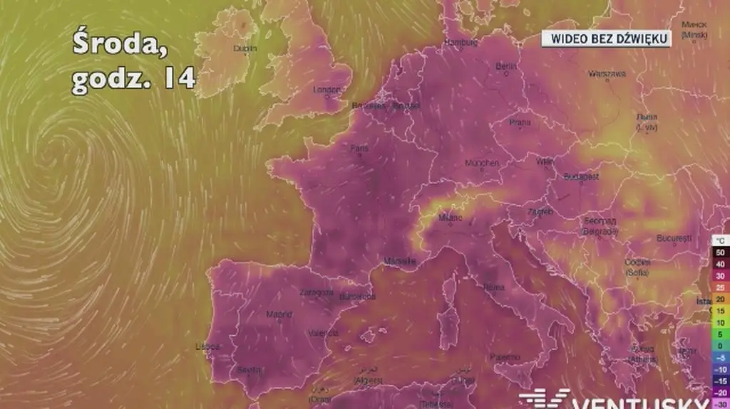 Prognozowana temperatura we Francji (Ventusky