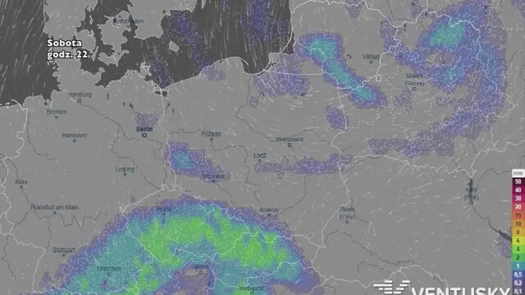 Wysokość i rozkład opadów w najbliższych dniach (ventusky