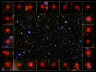 Obraz uzyskany w ramach projektu COSMOS otoczony obrazami najbardziej odległych galaktyk