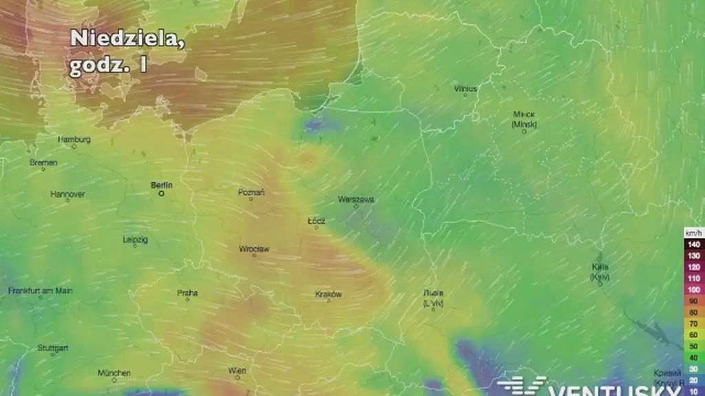 Porywy wiatru w ciągu pięciu dni (Ventusky