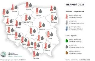 Prognoza średniej miesięcznej temperatury powietrza i miesięcznej sumy opadów atmosferycznych na sierpień 2023 r. dla wybranych miast w Polsce