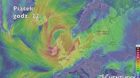 Prędkość porywów wiatru nad Wielką Brytanią (ventusky