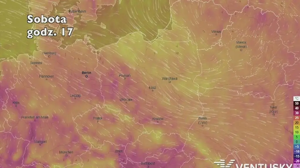 Temperatura w ciągu najbliższych pięciu dni (Ventusky