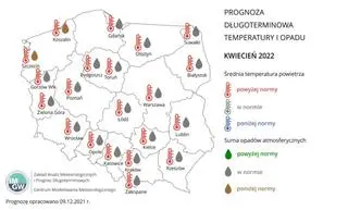 Prognoza średniej miesięcznej temperatury powietrza i miesięcznej sumy opadów atmosferycznych na kwiecień 2022 r. dla wybranych miast w Polsce
