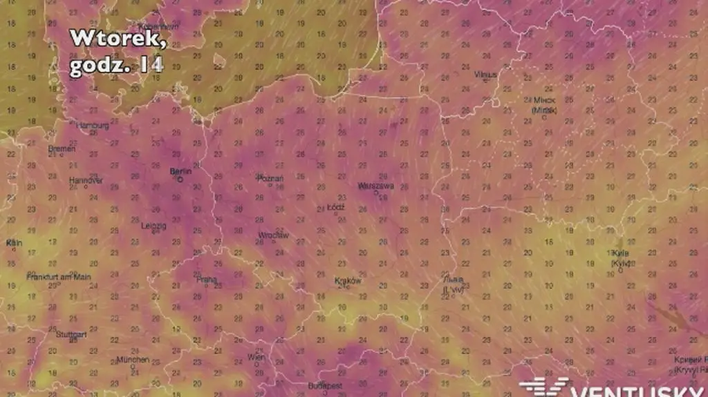 Temperatura w ciągu najbliższych pięciu dni (Ventusky