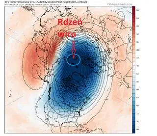 6 stycznia, rdzeń wiru blisko Syberii. Model GFS.