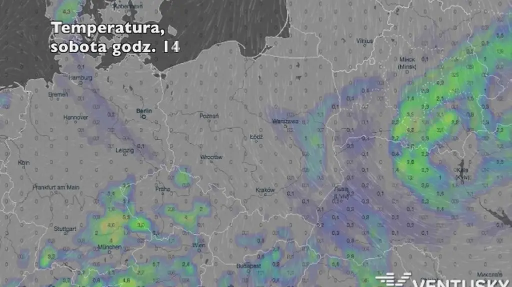 Rozkład opadów w najbliższych dniach (ventusky