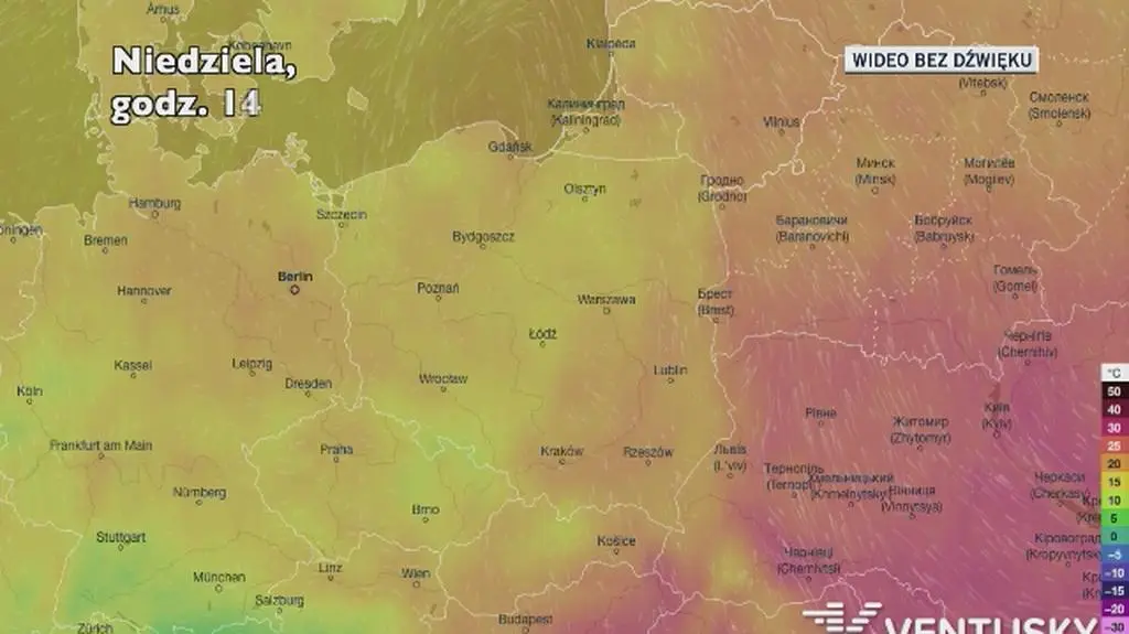 Temperatura w ciągu kolejnych dni (Ventusky