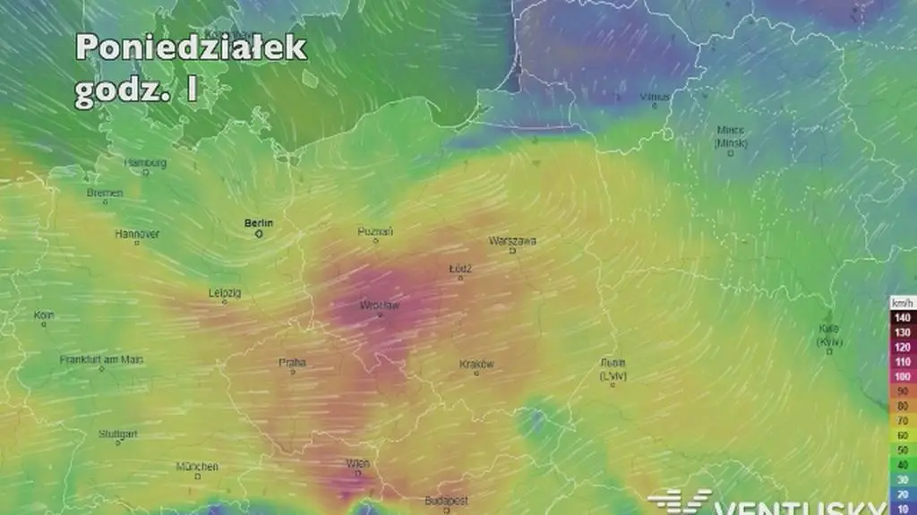 Prędkość porywów wiatru w porywach w najbliższych dniach (ventusky