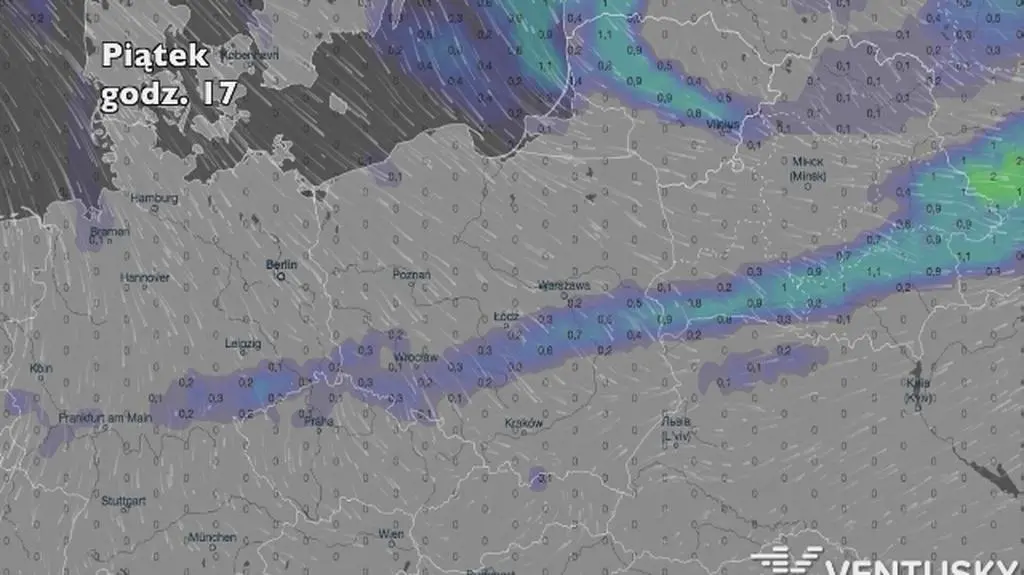 Opady deszczu w ciągu najbliższych pięciu dni (Ventusky