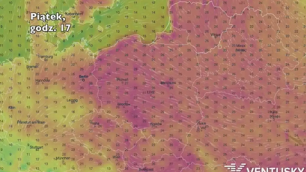 Temperatura w ciągu najbliższych pięciu dni (Ventusky