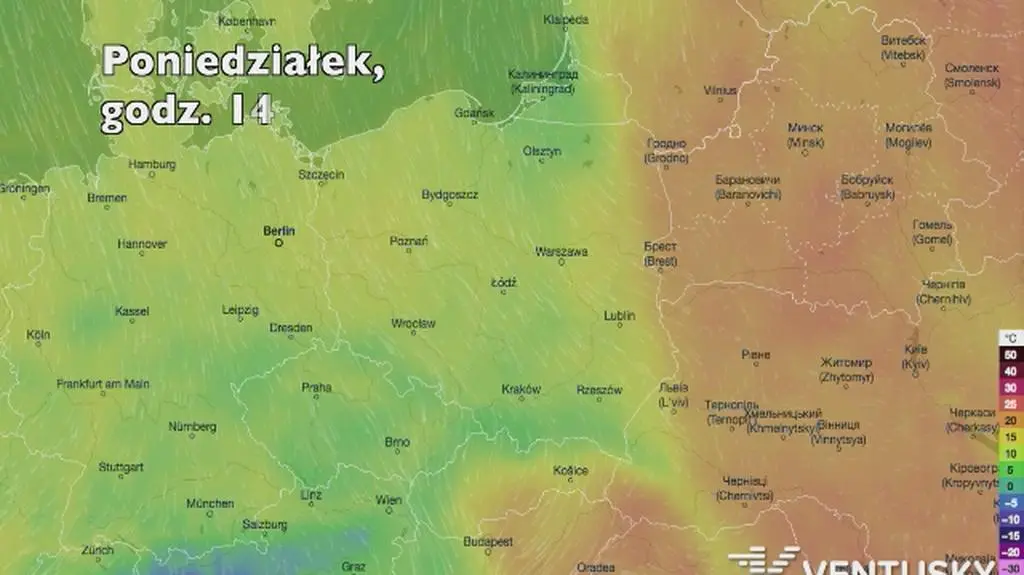Temperatura w kolejnych dniach (Ventusky