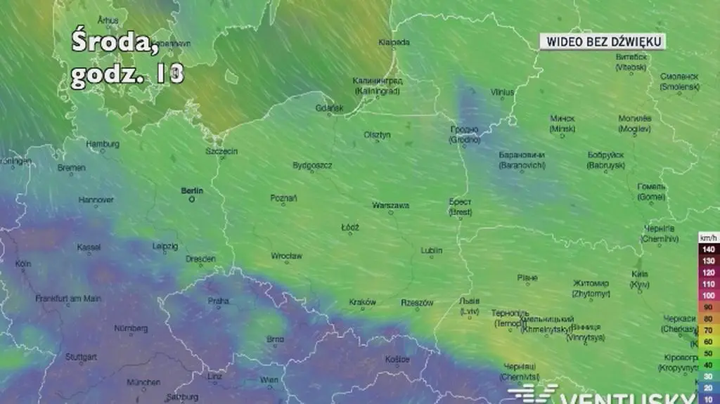 Prognozowane porywy wiatru w kolejnych dniach (Ventusky