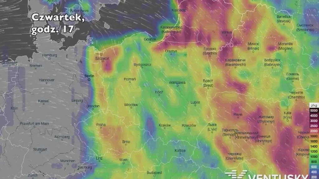 Potencjalny rozwój burz w ciągu najbliższej doby (Ventusky