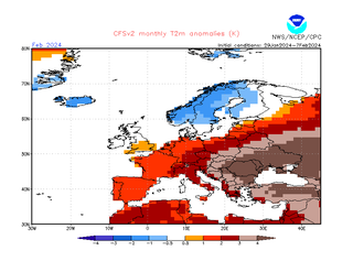Prognoza odchylenia średniej temperatury w lutym od normy wieloletniej. Na południu i południowym wschodzie Europy może sięgnąć ono 4 st. C.