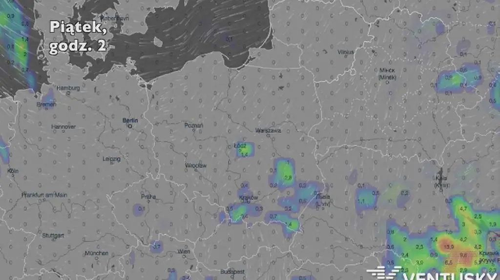 Opady deszczu w ciągu najbliższych pięciu dni (Ventusky