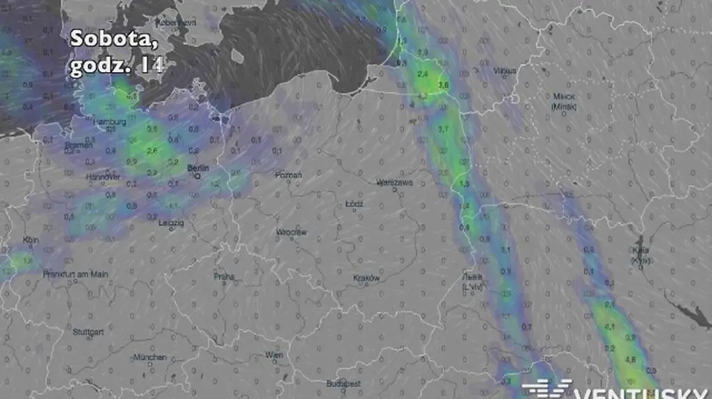 Opady deszczu w najbliższych dniach (Ventusky