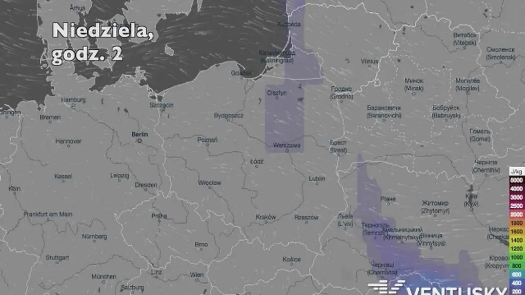 Potencjalne burze w kolejnych dniach (Ventusky