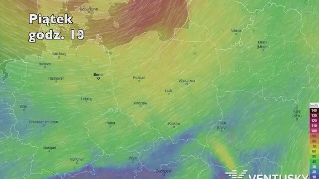 Porywy wiatru w kolejnych dniach (Ventusky