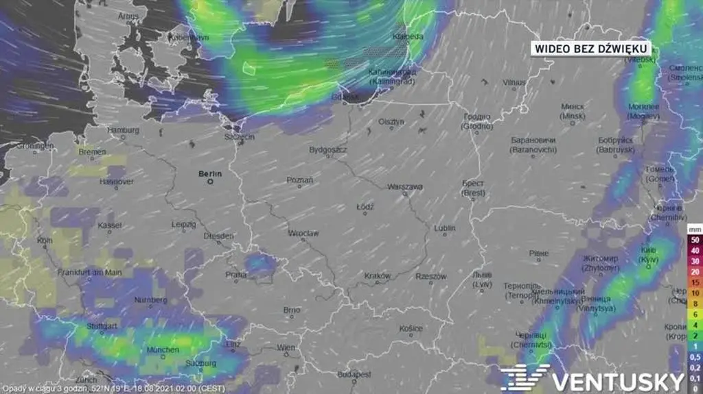 Prognozowane opady w ciągu kolejnych dni (Ventusky)
