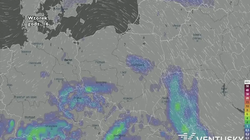 Wysokość i rozkład opadów w najbliższych dniach (ventusky