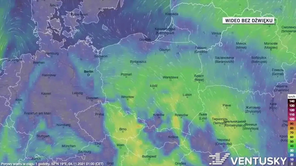 Prognozowane porywy wiatru w ciągu kolejnych dni