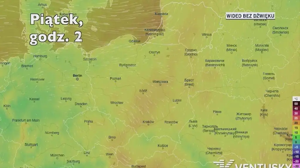 Temperatura w ciągu kolejnych pięciu dni (Ventusky