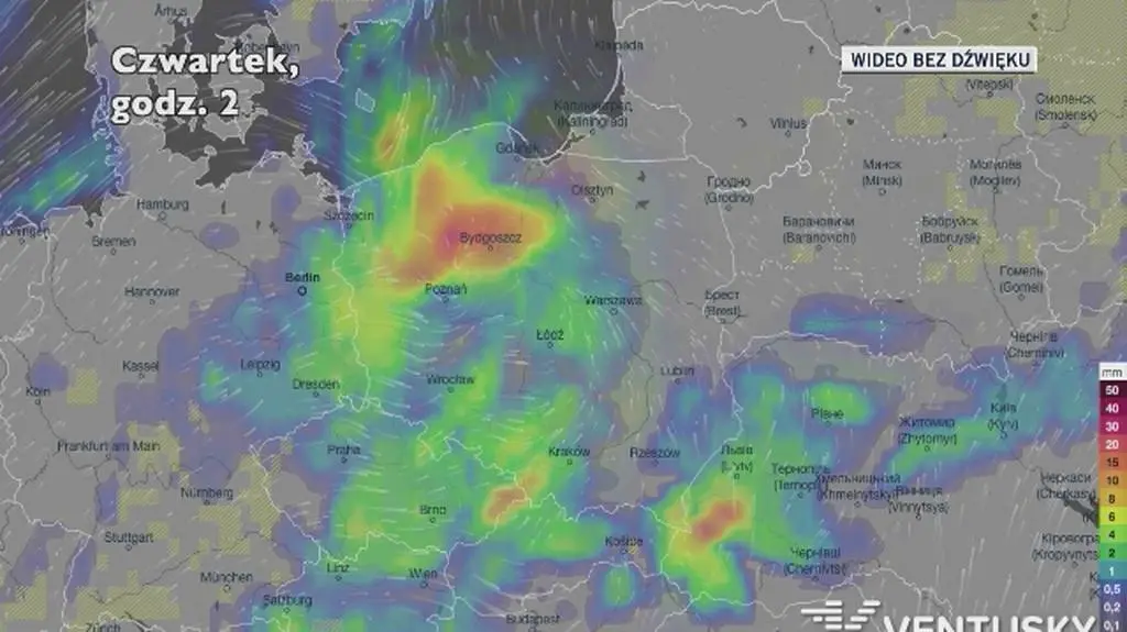 Opady deszczu w ciągu najbliższych pięciu dni (Ventusky