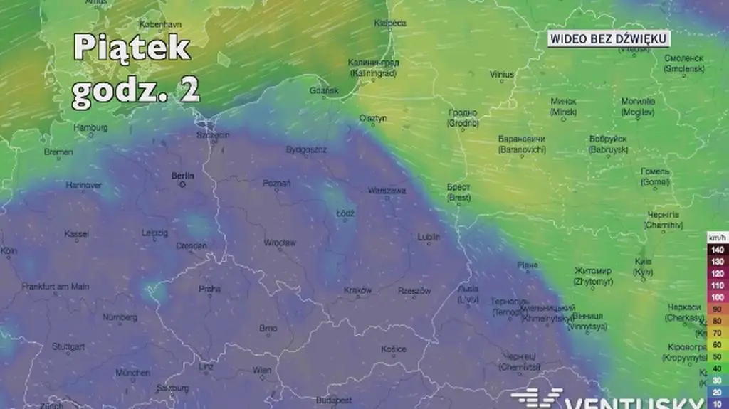 Potencjalne porywy wiatru w kolejnych dniach (Ventusky