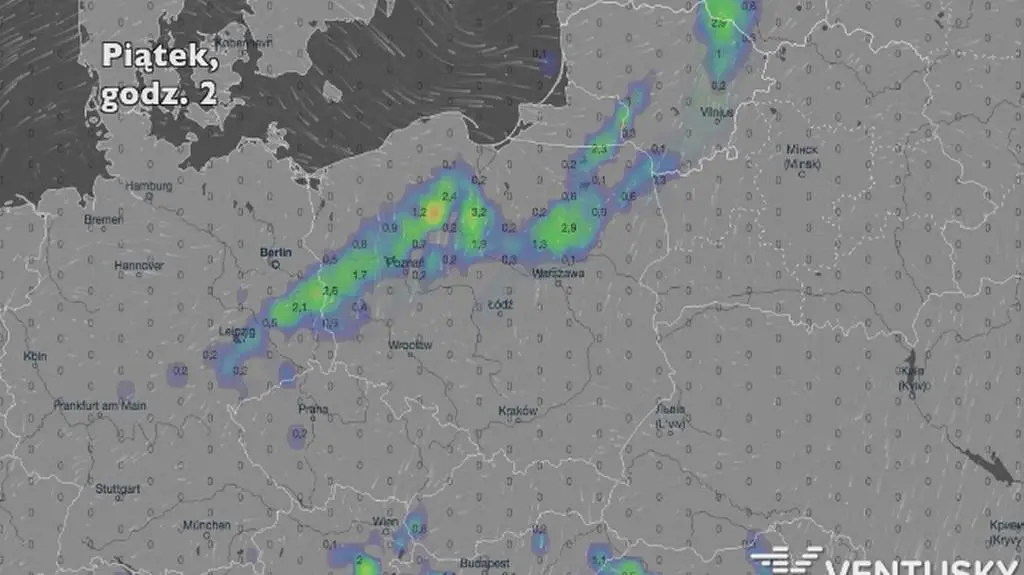 Opady deszczu w ciągu najbliższych pięciu dni (Ventusky