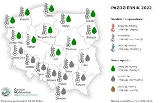 Prognoza średniej miesięcznej temperatury powietrza i miesięcznej sumy opadów atmosferycznych na październik 2022 roku dla wybranych miast w Polsce