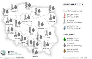 Prognoza średniej miesięcznej temperatury powietrza i miesięcznej sumy opadów atmosferycznych na grudzień 2022 roku dla wybranych miast w Polsce