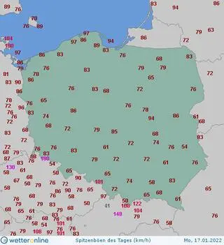 Maksymalna prędkość porywów wiatru 17.01.2022