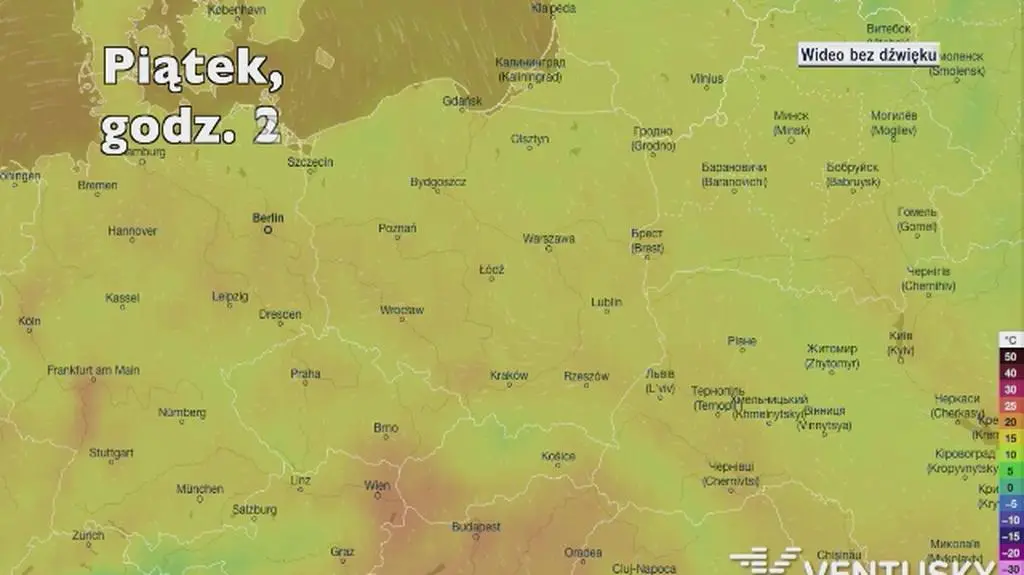 Temperatura w ciągu kolejnych pięciu dni (Ventusky
