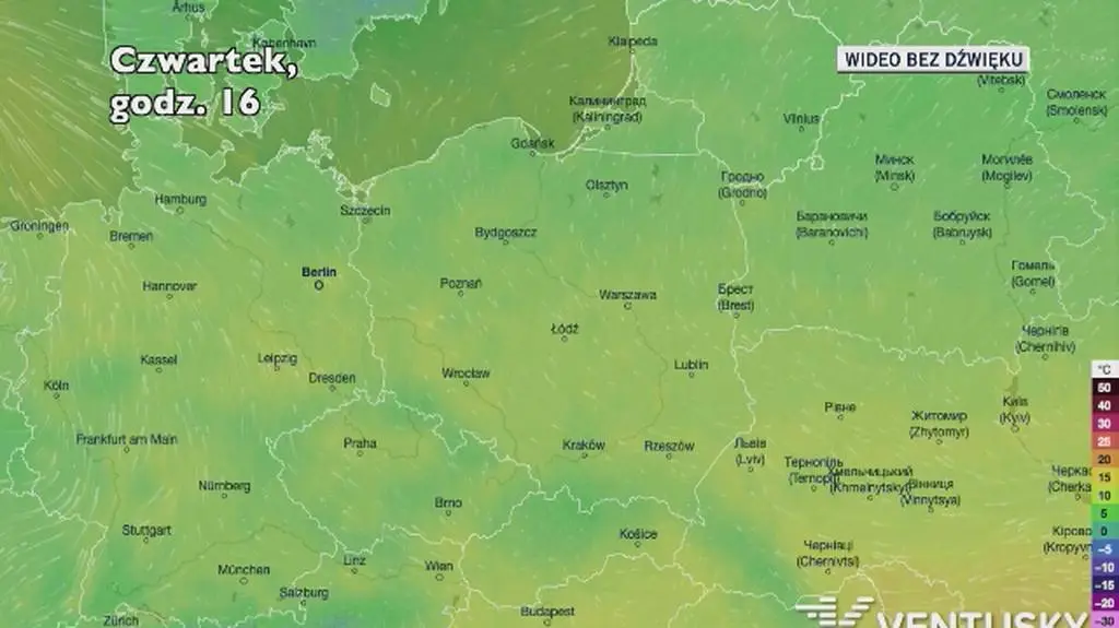 Prognozowana temperatura w kolejnych dniach (Ventusky