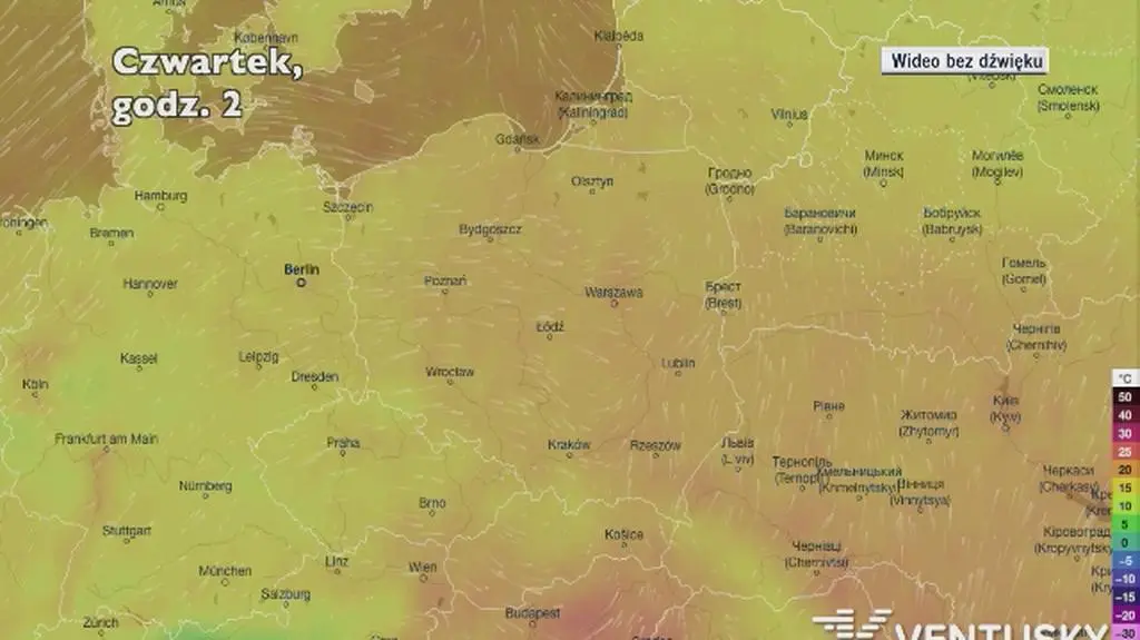 Prognozowana temperatura w następnych dniach (Ventusky