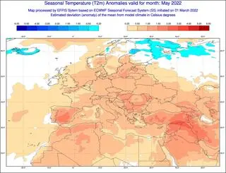 Prognoza odchylenia średniej temperatury od normy wieloletniej dla maja 2022