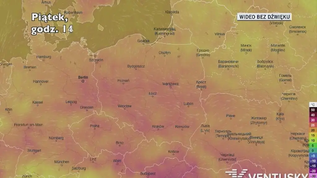 Temperatura w ciągu najbliższych pięciu dni (Ventusky