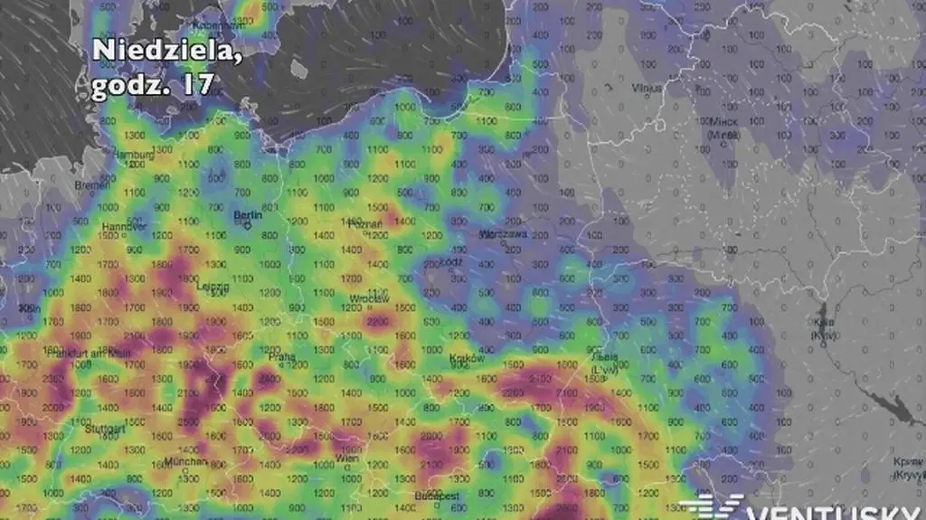 Potencjalny rozwój burz w ciągu pięciu dniu (Ventusky