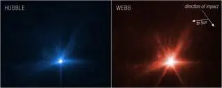 Uderzenie w planetoidę Dimorphos, sfotografowane przez Kosmiczne Teleskopy Hubble'a i Jamesa Webba