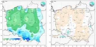 Sumy opadów w 2022 roku w mm (po lewej) i jako procent normy wieloletniej (1991-2020).