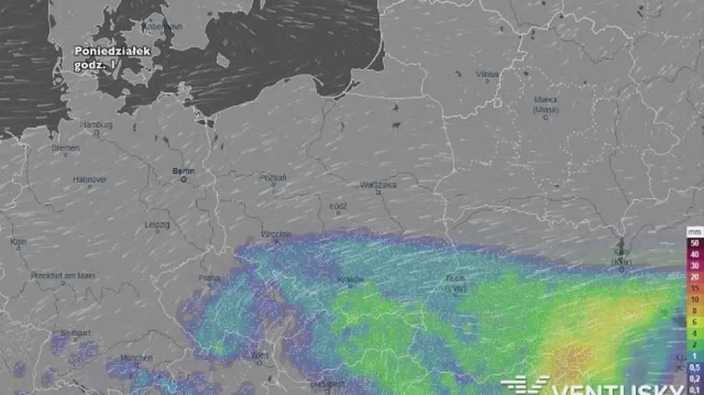 Wysokość i rozkład opadów w najbliższych dniach (ventusky
