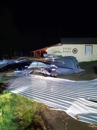 Na skutek silnego wiatru zerwana została blacha i spadła na zaparkowane samochody
