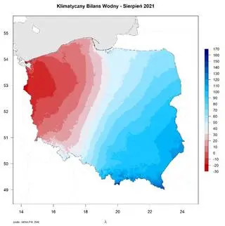 Klimatyczny Bilans Wodny (różnica pomiędzy wysokością opadów a parowaniem potencjalnym) w sierpniu 2021 roku