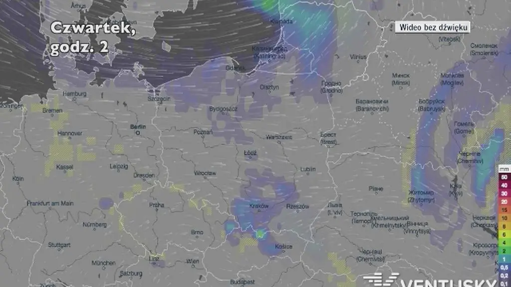 Prognozowane opady deszczu w najbliższych dniach (Ventusky