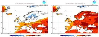 Wczesne (z lewej) i najnowsze (z prawej) prognozy odchylenia od normy temperatury średniej w marcu