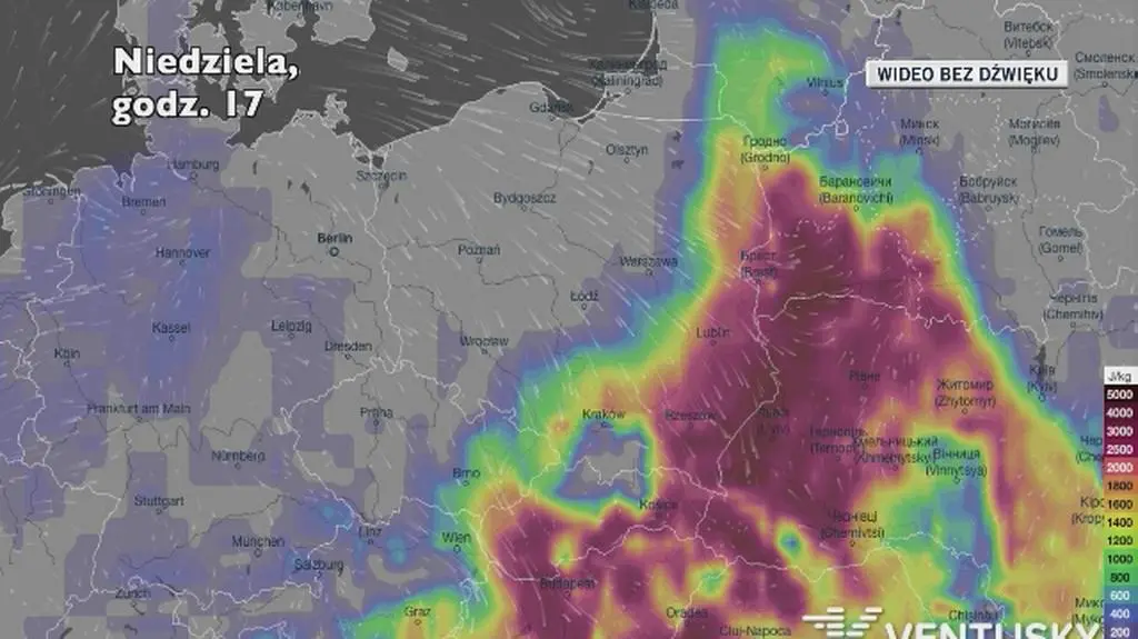 Potencjalny rozwój burz w ciągu najbliższej doby (Ventusky