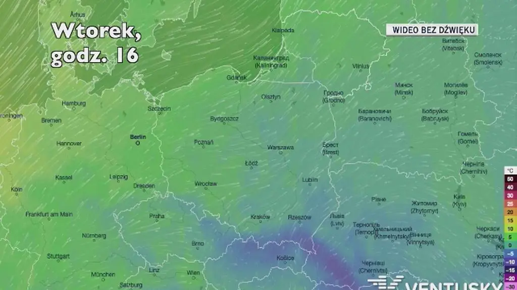 Prognozowana temperatura w kolejnych dniach (Ventusky